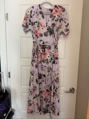 French Connection Lavender Floral Wrap Maxi Dress with Pink and Green Accents
